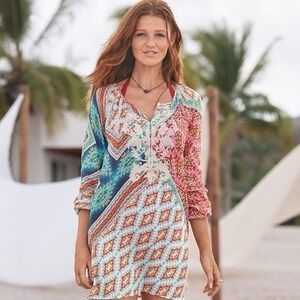 Sundance Tunic Beach Cover Up Women Large Lightweight Patchwork Boho Embroidered